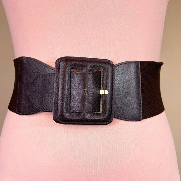 3" Wide Black Elastic & Brown Leather Belt 31"-45" Long - Picture 1 of 2